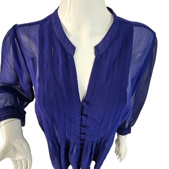 FYLO Sheer Pleated Shirt Blouse Womens M Royal Blue V Neck Covered Buttons - Picture 7 of 11